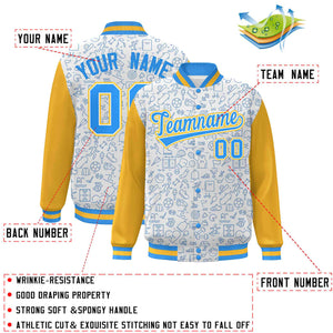 Custom White Gold-Powder Blue Line Graffiti Pattern Varsity Raglan Sleeves Letterman Baseball Jacket