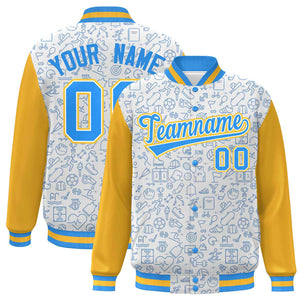 Custom White Gold-Powder Blue Line Graffiti Pattern Varsity Raglan Sleeves Letterman Baseball Jacket