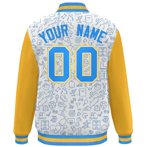 Custom White Gold-Powder Blue Line Graffiti Pattern Varsity Raglan Sleeves Letterman Baseball Jacket