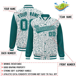 Custom White Aqua Line Graffiti Pattern Varsity Raglan Sleeves Letterman Baseball Jacket