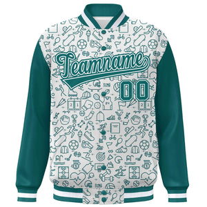 Custom White Aqua Line Graffiti Pattern Varsity Raglan Sleeves Letterman Baseball Jacket