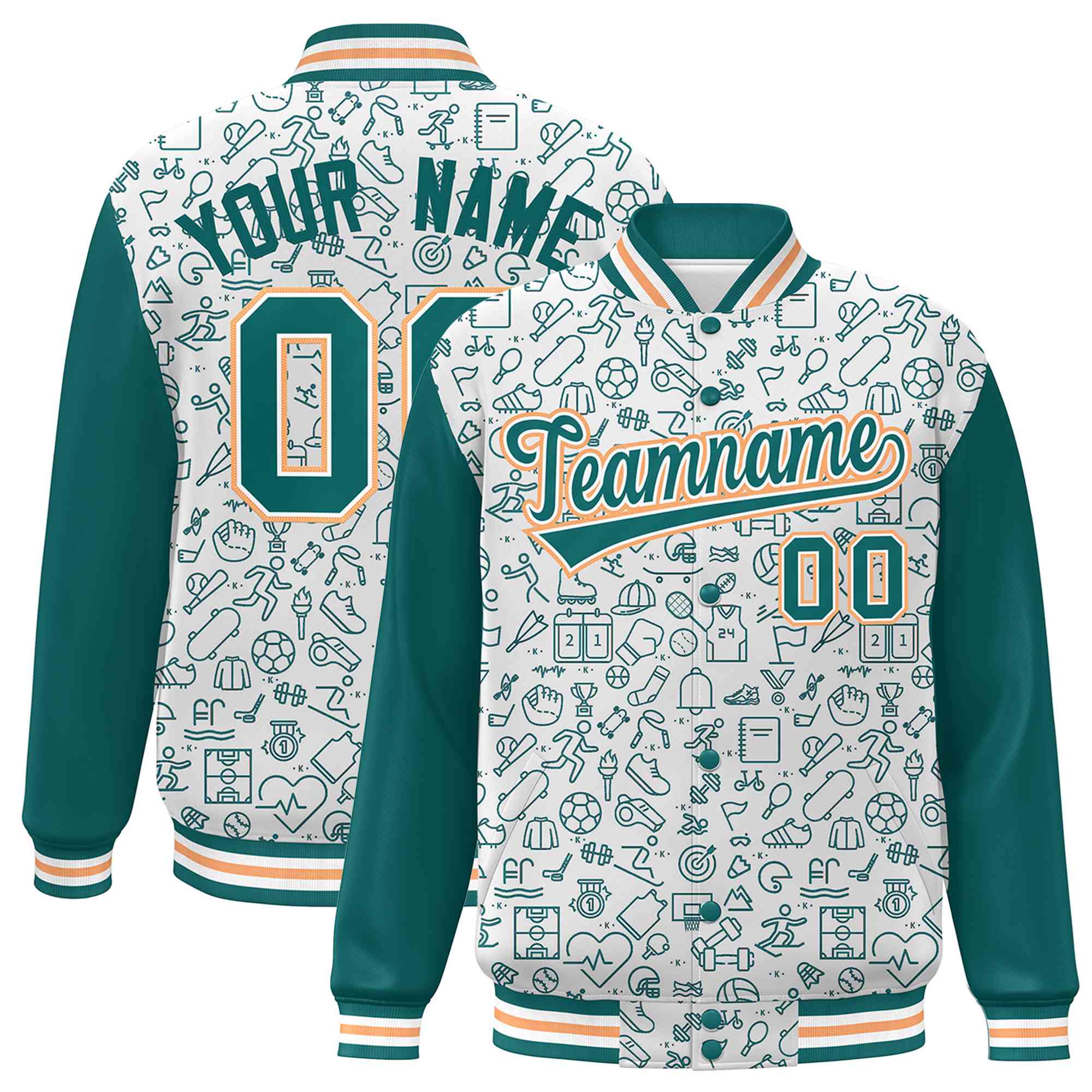 Custom White Aqua Line Graffiti Pattern Varsity Raglan Sleeves Letterman Baseball Jacket