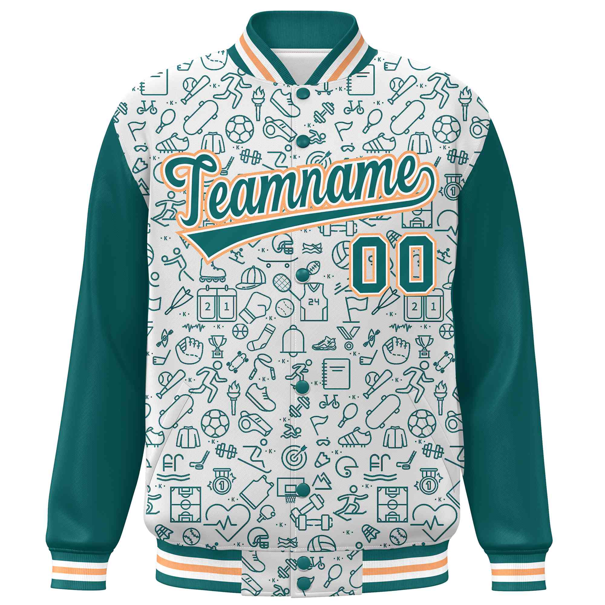 Custom White Aqua Line Graffiti Pattern Varsity Raglan Sleeves Letterman Baseball Jacket