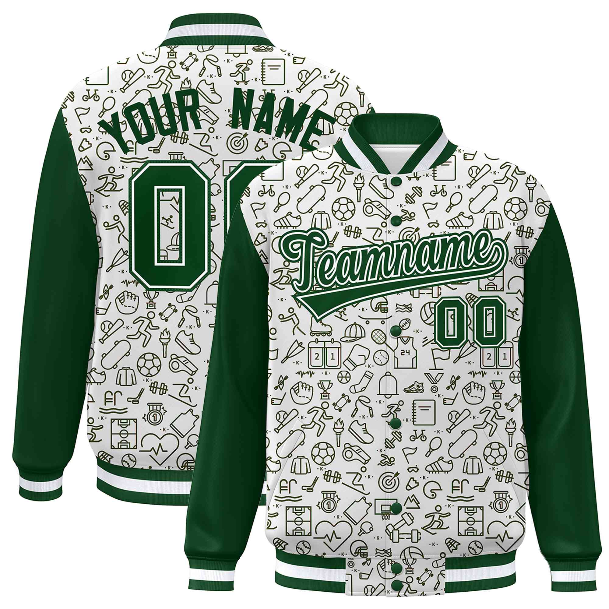 Custom White Green Line Graffiti Pattern Varsity Raglan Sleeves Letterman Baseball Jacket