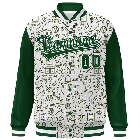 Custom White Green Line Graffiti Pattern Varsity Raglan Sleeves Letterman Baseball Jacket