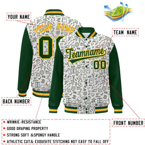 Custom White Green Line Graffiti Pattern Varsity Raglan Sleeves Letterman Baseball Jacket