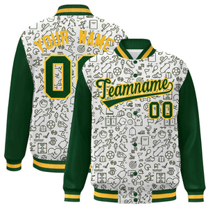 Custom White Green Line Graffiti Pattern Varsity Raglan Sleeves Letterman Baseball Jacket