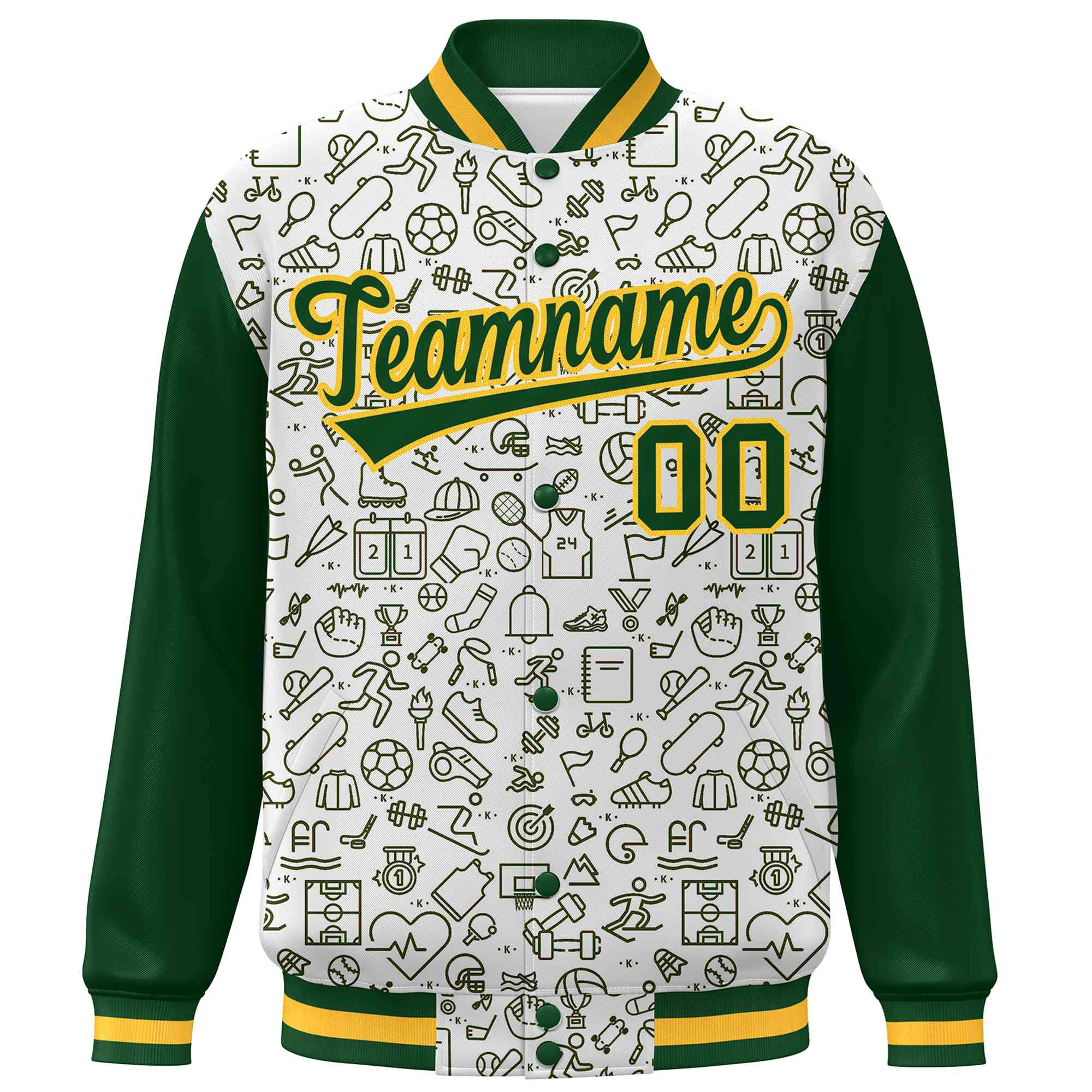 Custom White Green Line Graffiti Pattern Varsity Raglan Sleeves Letterman Baseball Jacket