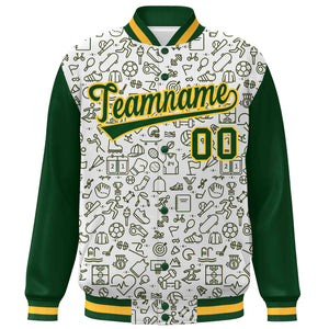 Custom White Green Line Graffiti Pattern Varsity Raglan Sleeves Letterman Baseball Jacket