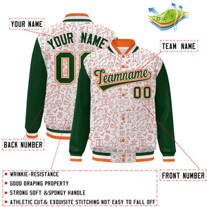 Custom White Green-Orange Line Graffiti Pattern Varsity Raglan Sleeves Letterman Baseball Jacket