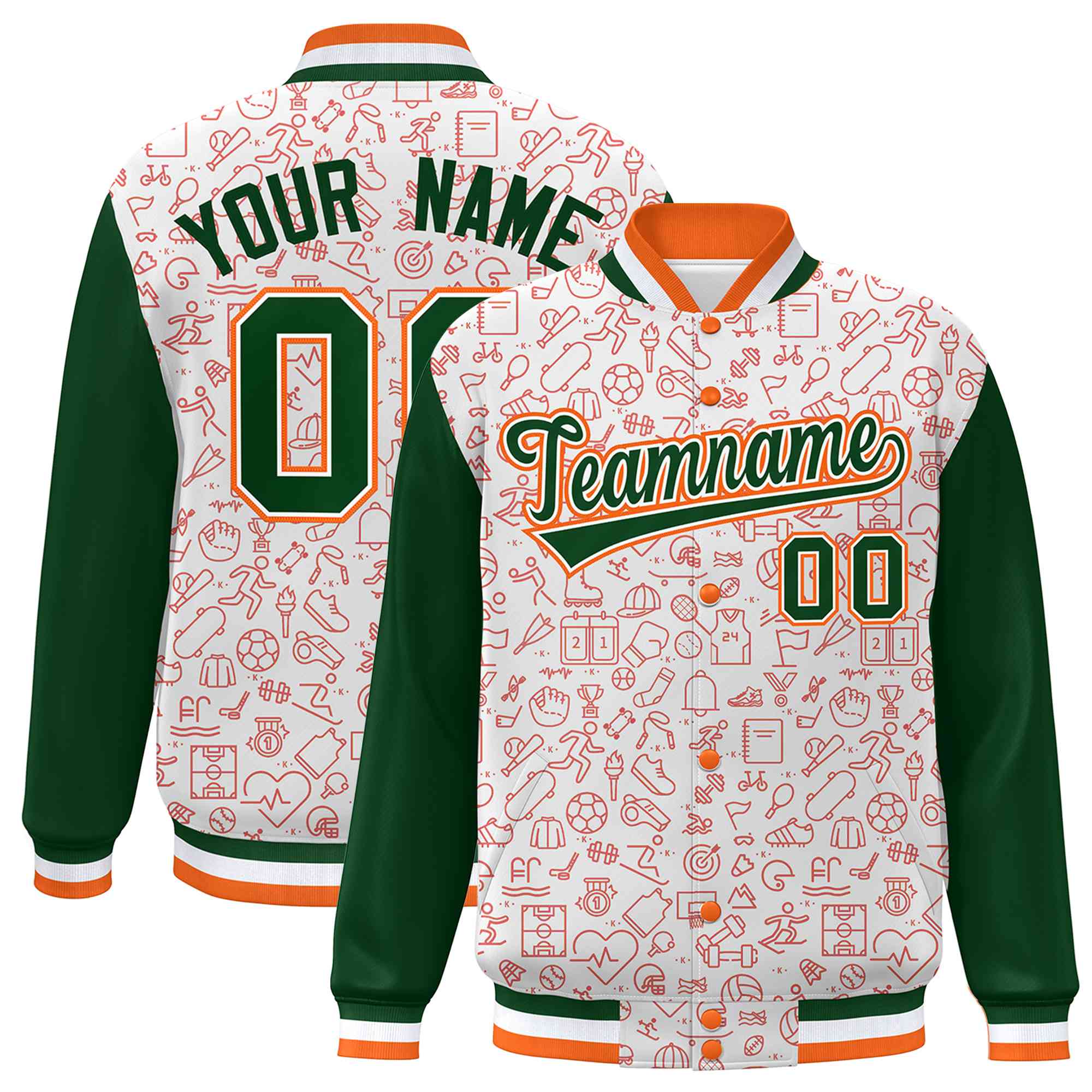 Custom White Green-Orange Line Graffiti Pattern Varsity Raglan Sleeves Letterman Baseball Jacket