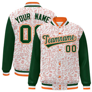 Custom White Green-Orange Line Graffiti Pattern Varsity Raglan Sleeves Letterman Baseball Jacket