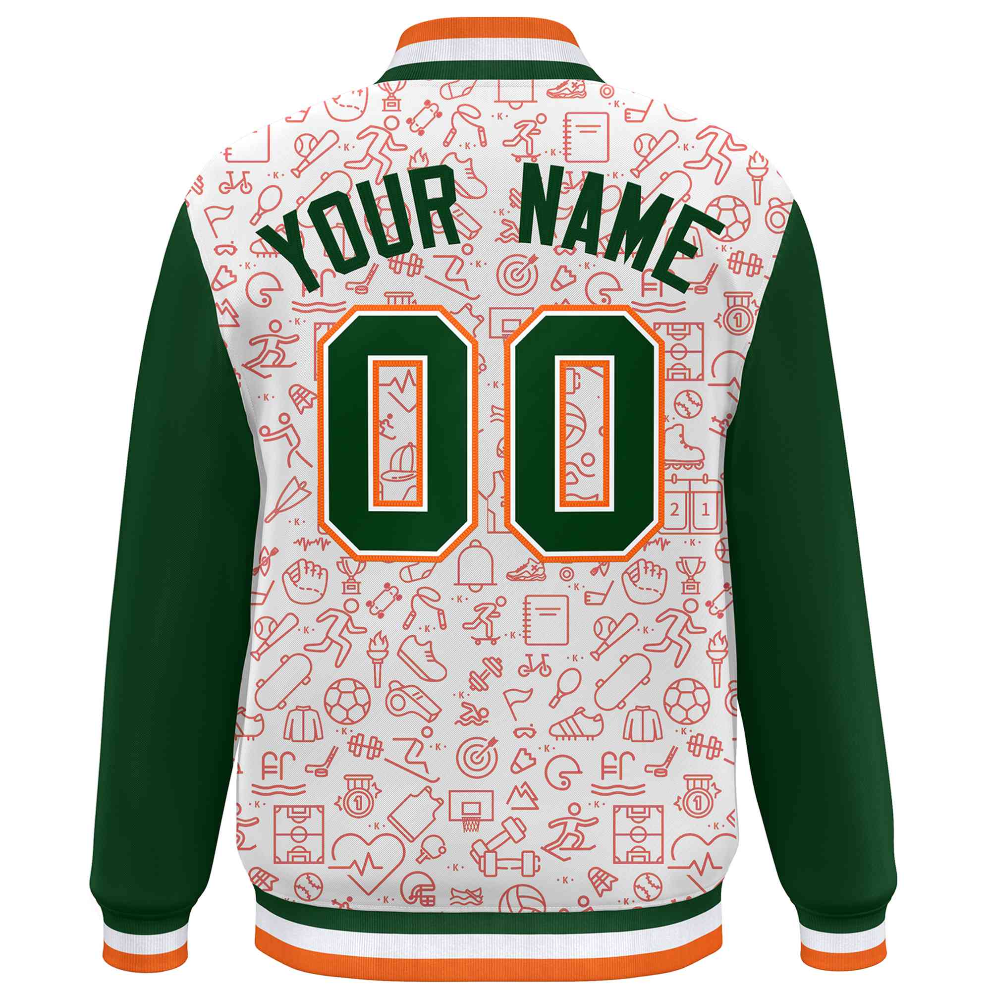 Custom White Green-Orange Line Graffiti Pattern Varsity Raglan Sleeves Letterman Baseball Jacket