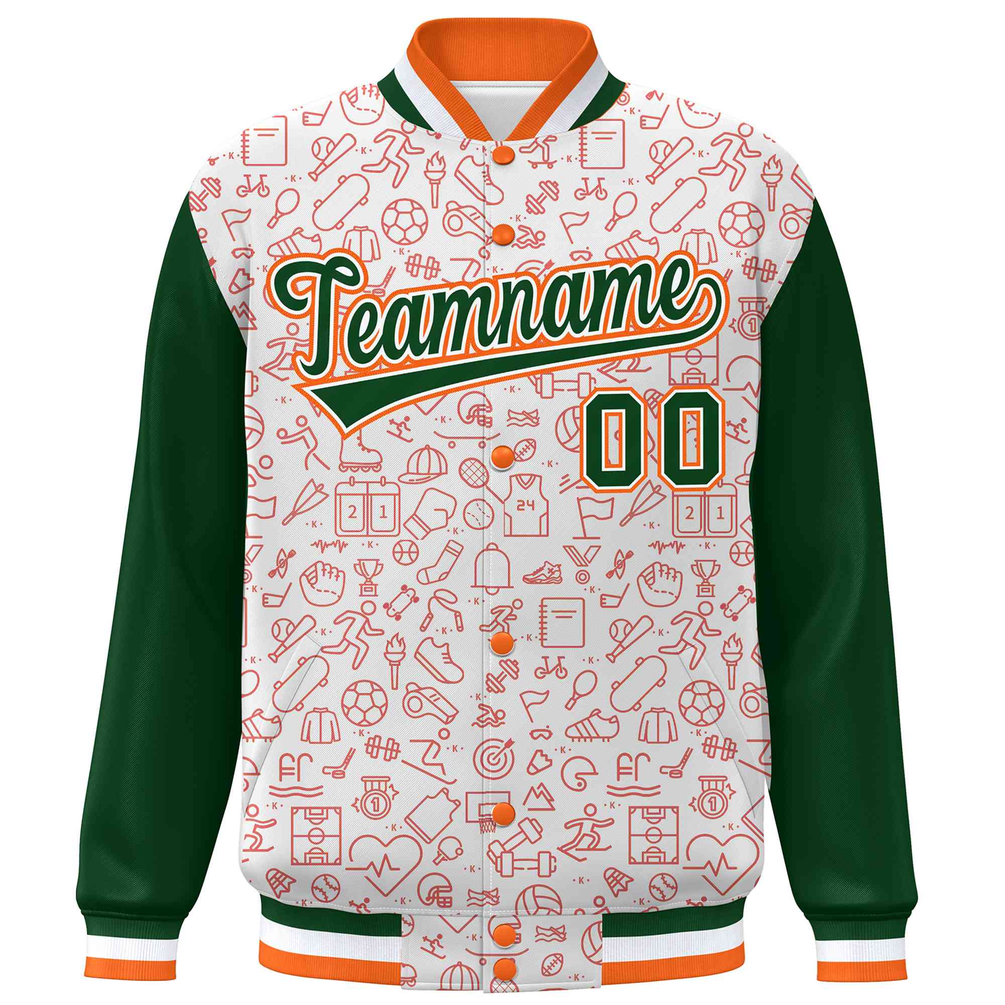 Custom White Green-Orange Line Graffiti Pattern Varsity Raglan Sleeves Letterman Baseball Jacket