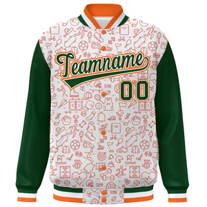 Custom White Green-Orange Line Graffiti Pattern Varsity Raglan Sleeves Letterman Baseball Jacket