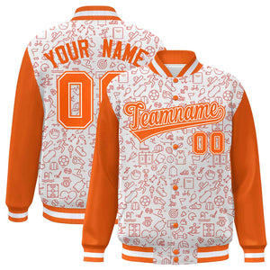 Custom White Orange Line Graffiti Pattern Varsity Raglan Sleeves Letterman Baseball Jacket