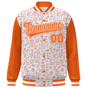 Custom White Orange Line Graffiti Pattern Varsity Raglan Sleeves Letterman Baseball Jacket