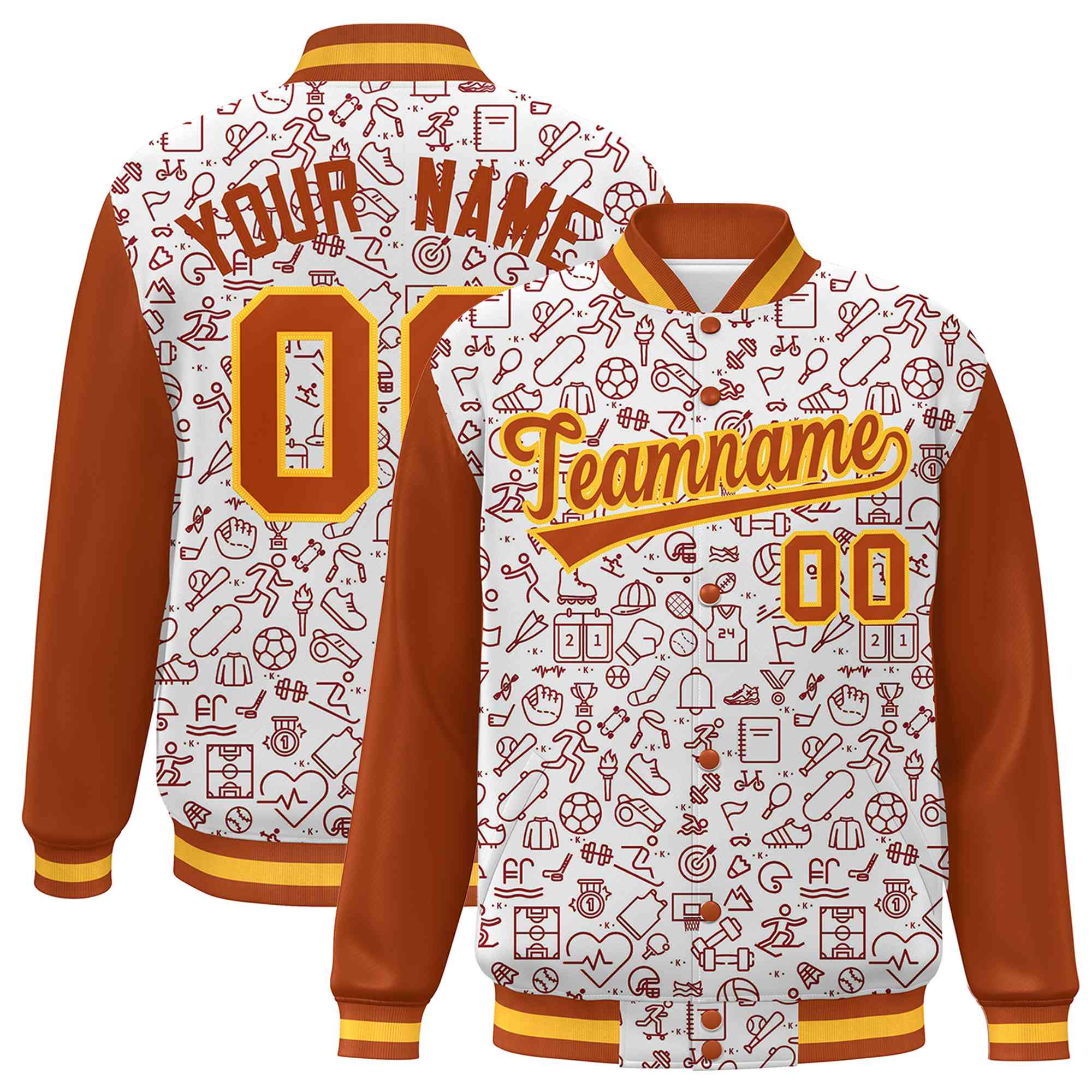 Custom White Texas Orange Line Graffiti Pattern Varsity Raglan Sleeves Letterman Baseball Jacket