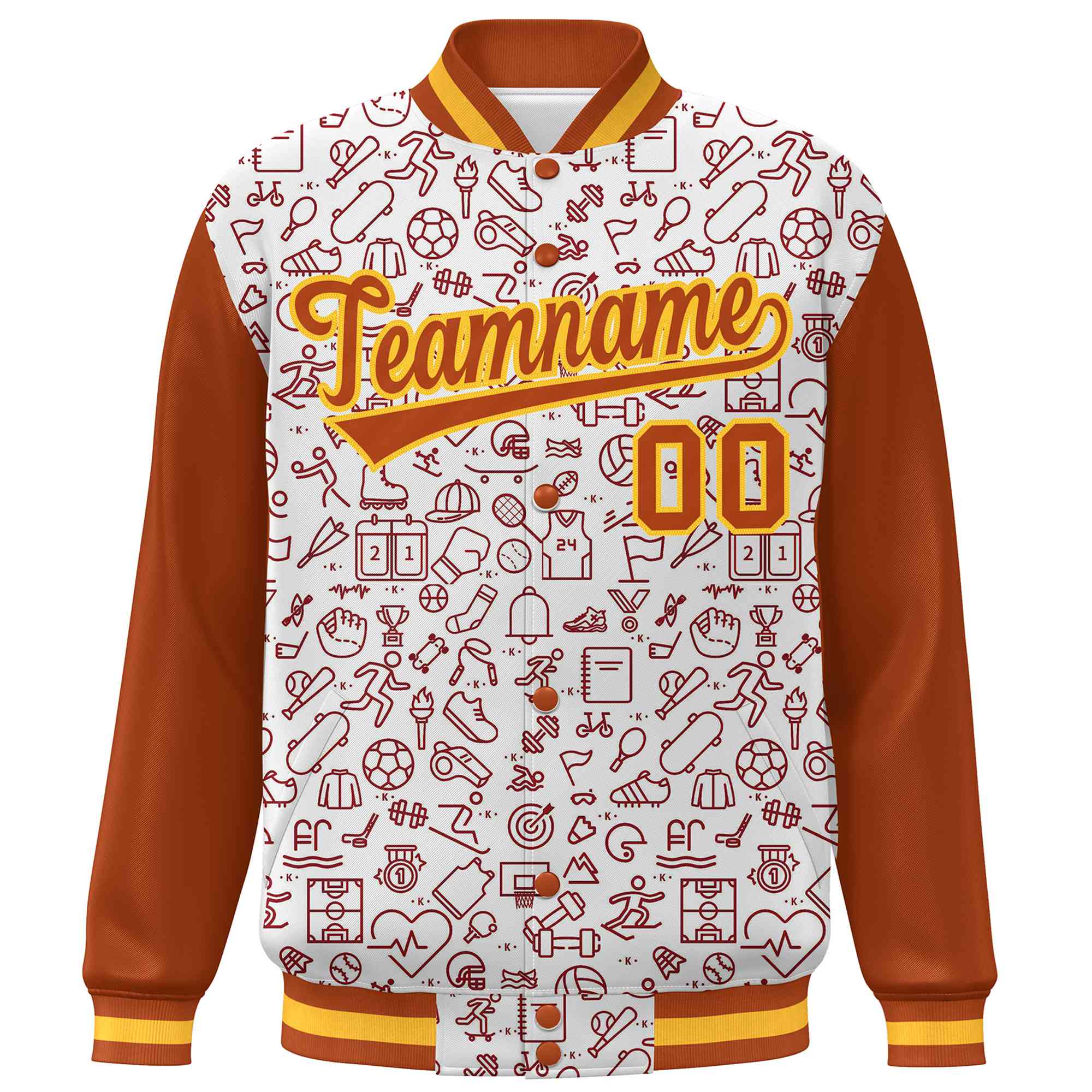 Custom White Texas Orange Line Graffiti Pattern Varsity Raglan Sleeves Letterman Baseball Jacket