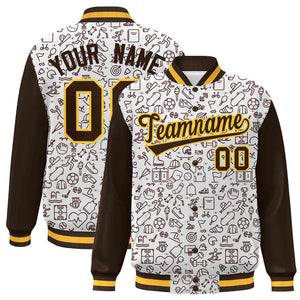 Custom White Brown Line Graffiti Pattern Varsity Raglan Sleeves Letterman Baseball Jacket