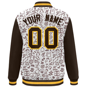 Custom White Brown Line Graffiti Pattern Varsity Raglan Sleeves Letterman Baseball Jacket