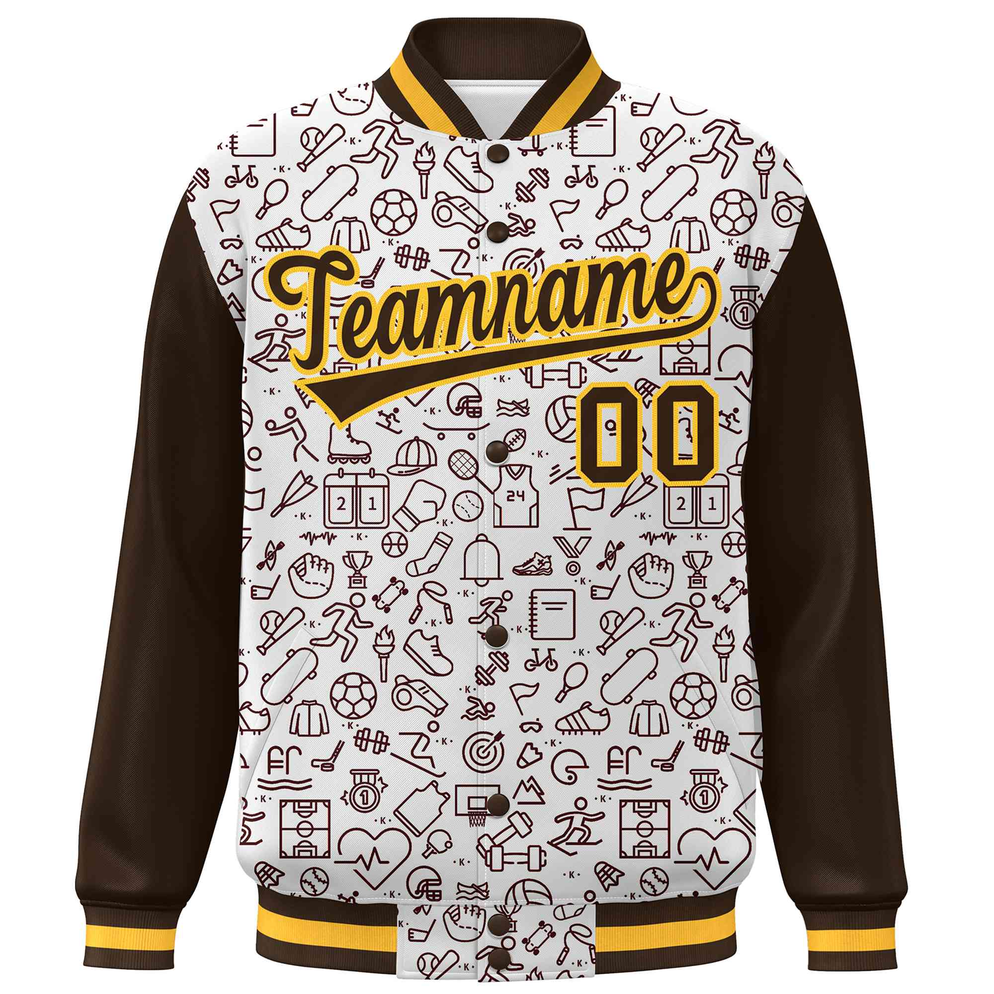 Custom White Brown Line Graffiti Pattern Varsity Raglan Sleeves Letterman Baseball Jacket