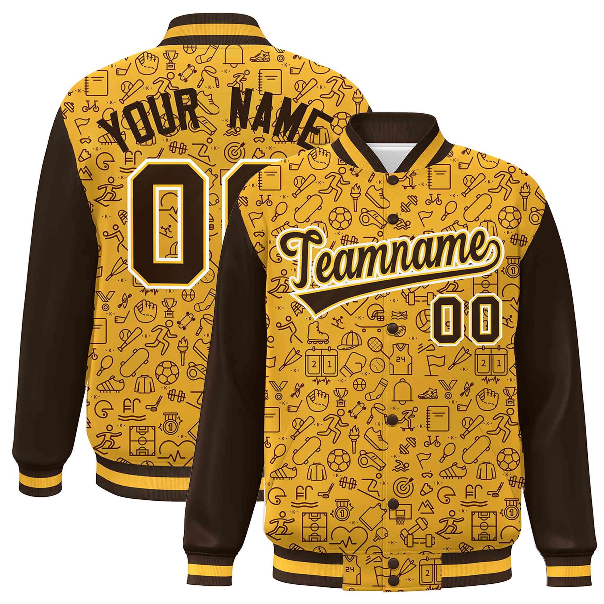 Custom Gold Brown Line Graffiti Pattern Varsity Raglan Sleeves Letterman Baseball Jacket