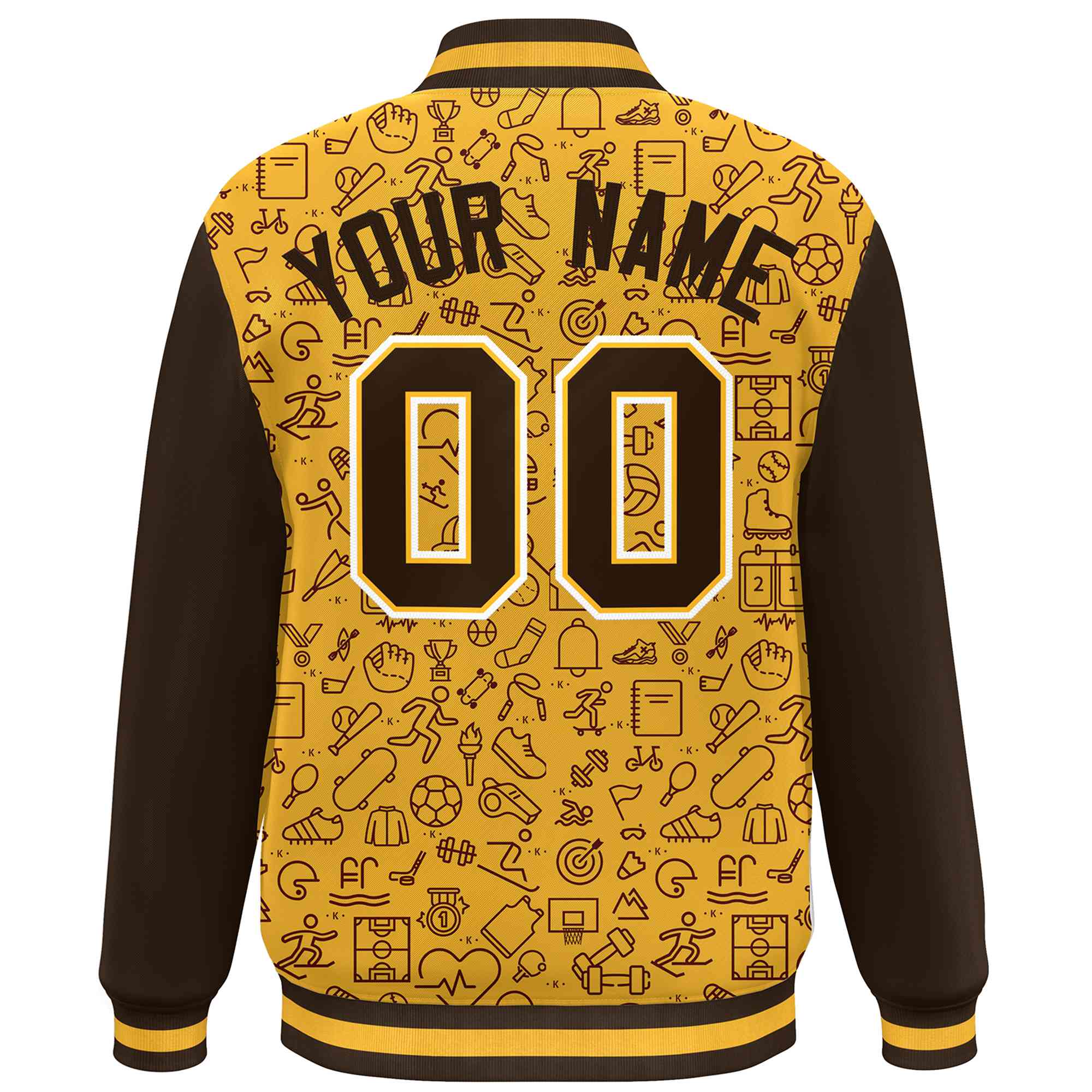 Custom Gold Brown Line Graffiti Pattern Varsity Raglan Sleeves Letterman Baseball Jacket