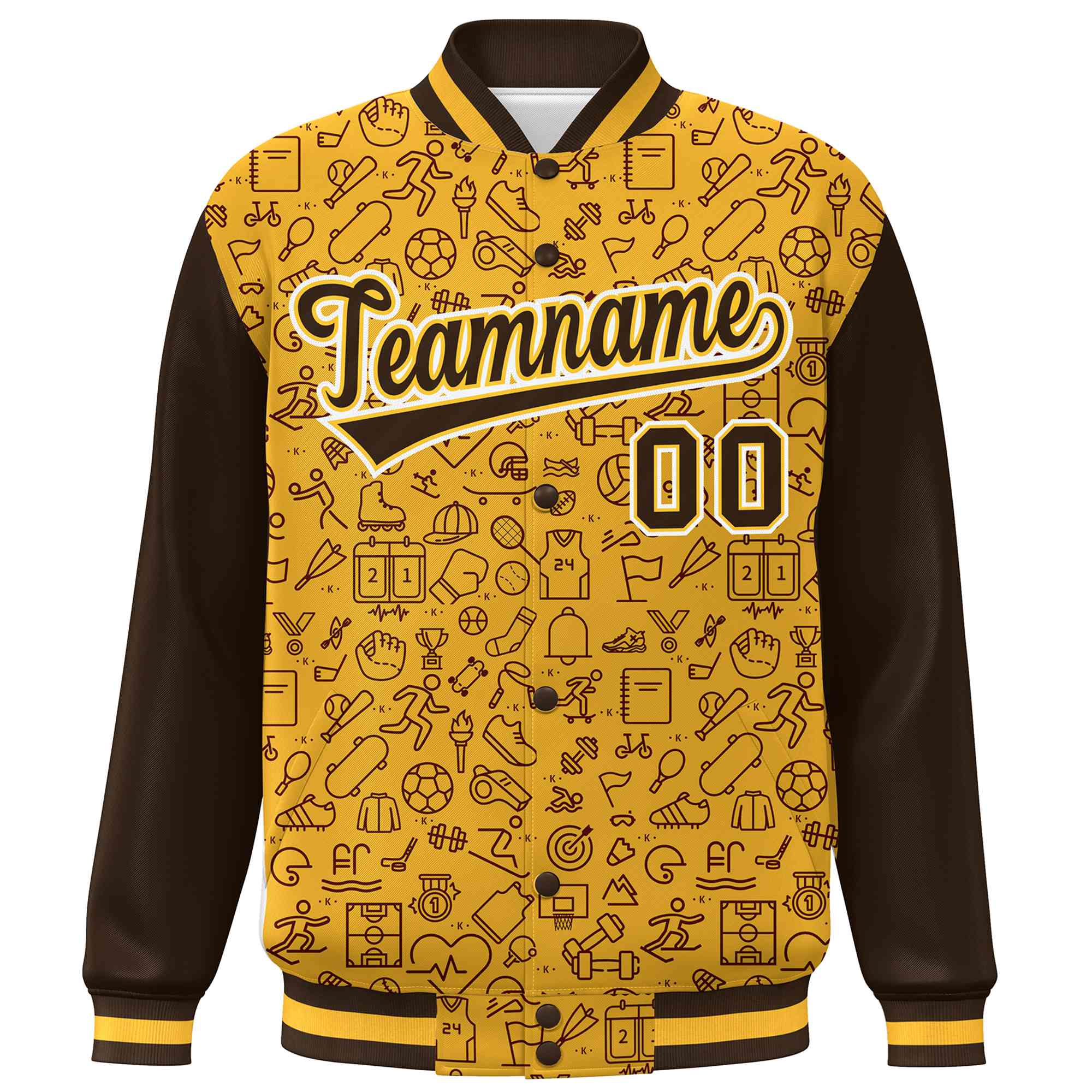 Custom Gold Brown Line Graffiti Pattern Varsity Raglan Sleeves Letterman Baseball Jacket