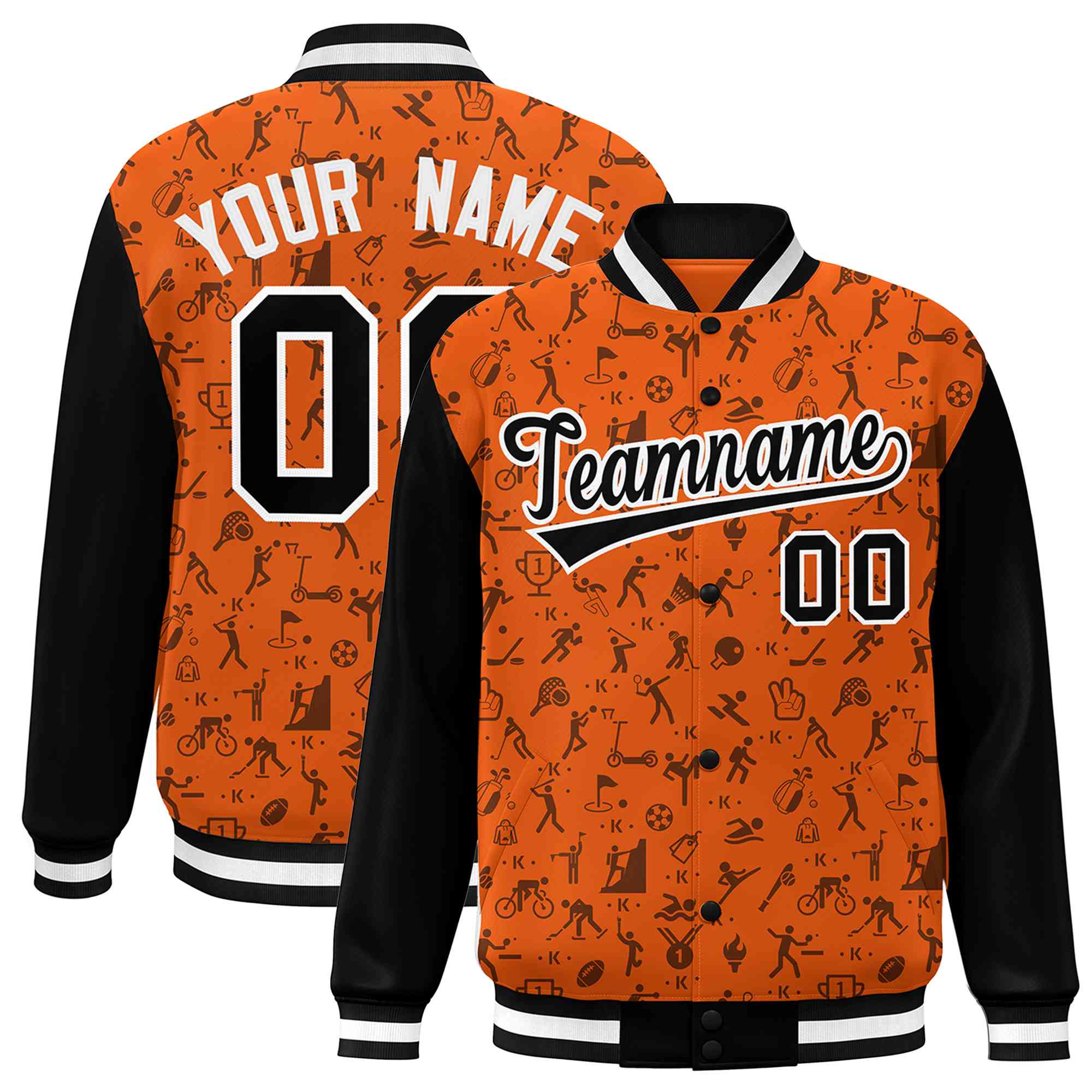 Custom Orange Black Graffiti Pattern Varsity Raglan Sleeves Letterman Baseball Jacket