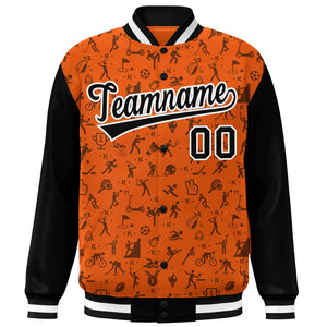 Custom Orange Black Graffiti Pattern Varsity Raglan Sleeves Letterman Baseball Jacket