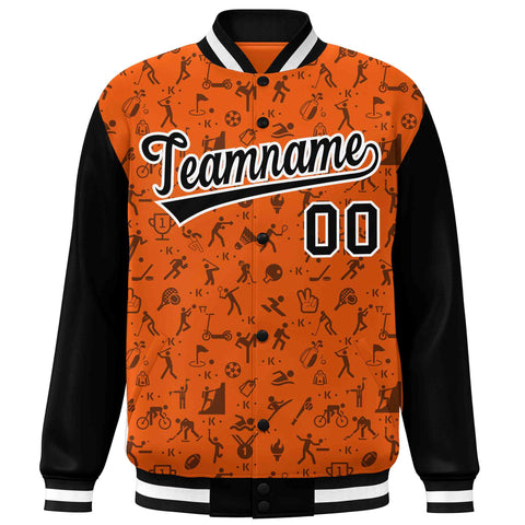 Custom Orange Black Graffiti Pattern Varsity Raglan Sleeves Letterman Baseball Jacket