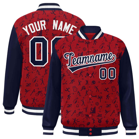 Custom Red Navy Graffiti Pattern Varsity Raglan Sleeves Letterman Baseball Jacket