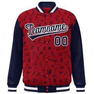 Custom Red Navy Graffiti Pattern Varsity Raglan Sleeves Letterman Baseball Jacket