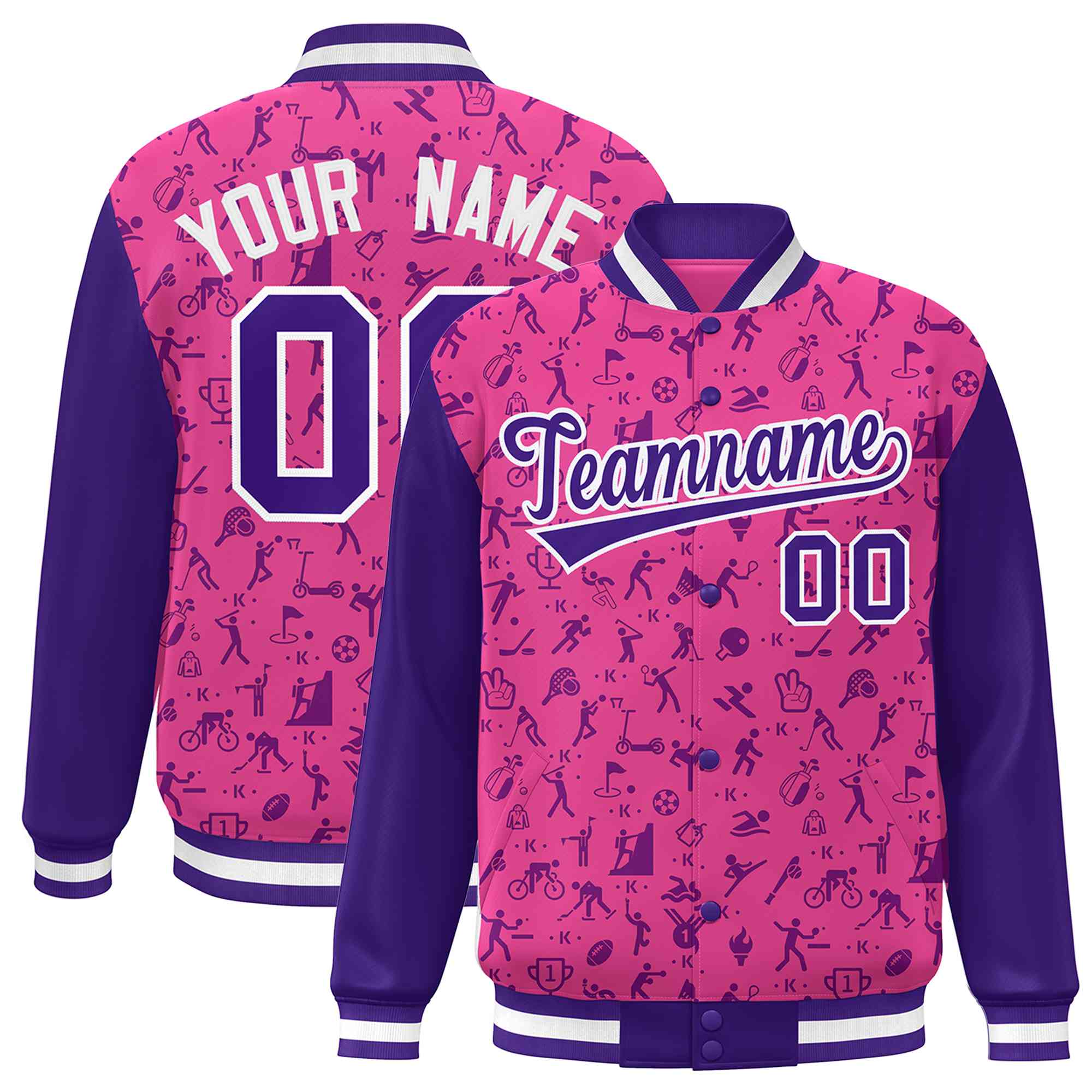 Custom Pink Purple Graffiti Pattern Varsity Raglan Sleeves Letterman Baseball Jacket