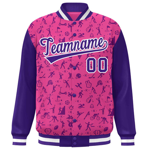 Custom Pink Purple Graffiti Pattern Varsity Raglan Sleeves Letterman Baseball Jacket