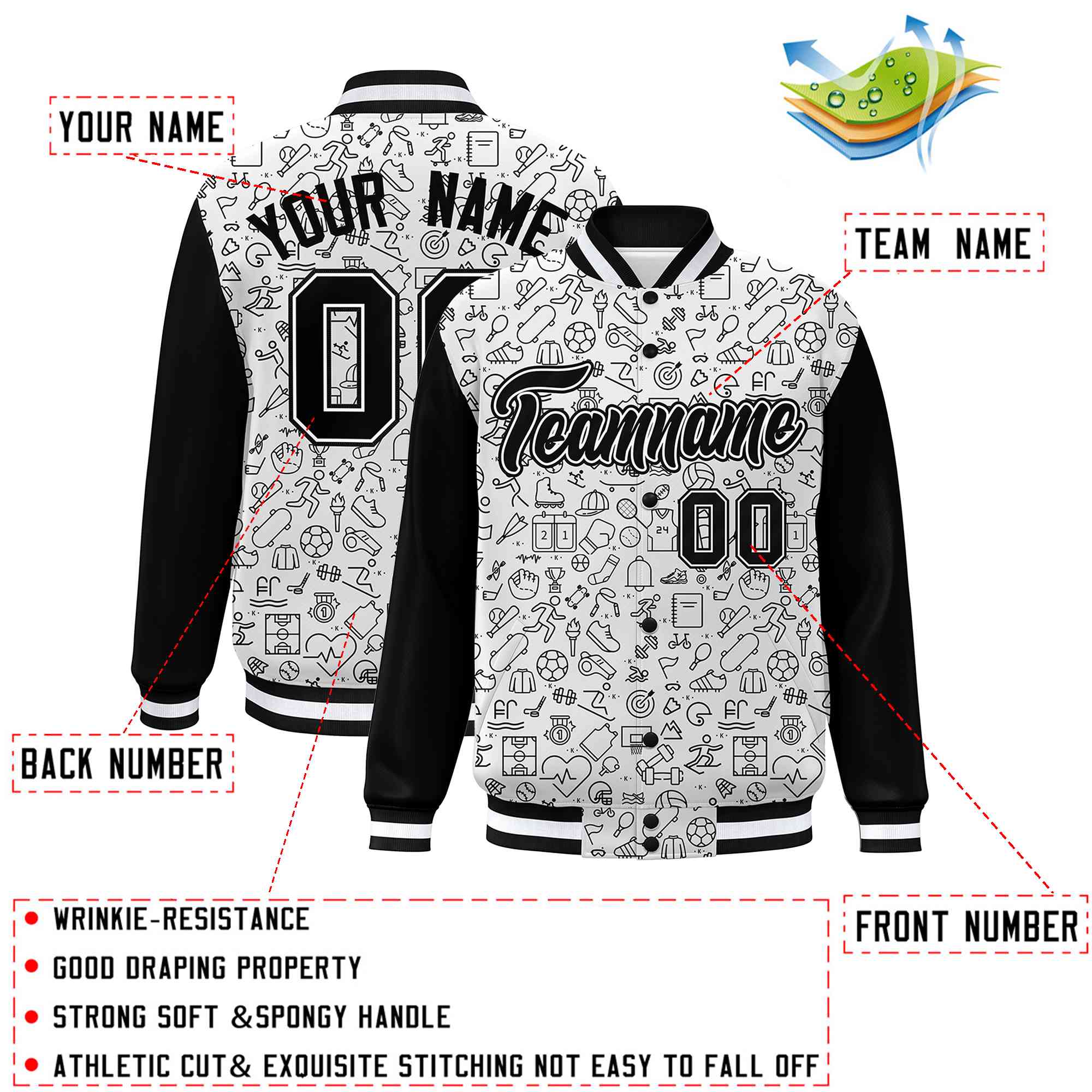 Custom White Black Line Graffiti Pattern Varsity Raglan Sleeves Letterman Baseball Jacket