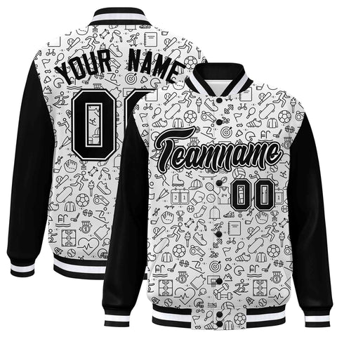 Custom White Black Line Graffiti Pattern Varsity Raglan Sleeves Letterman Baseball Jacket