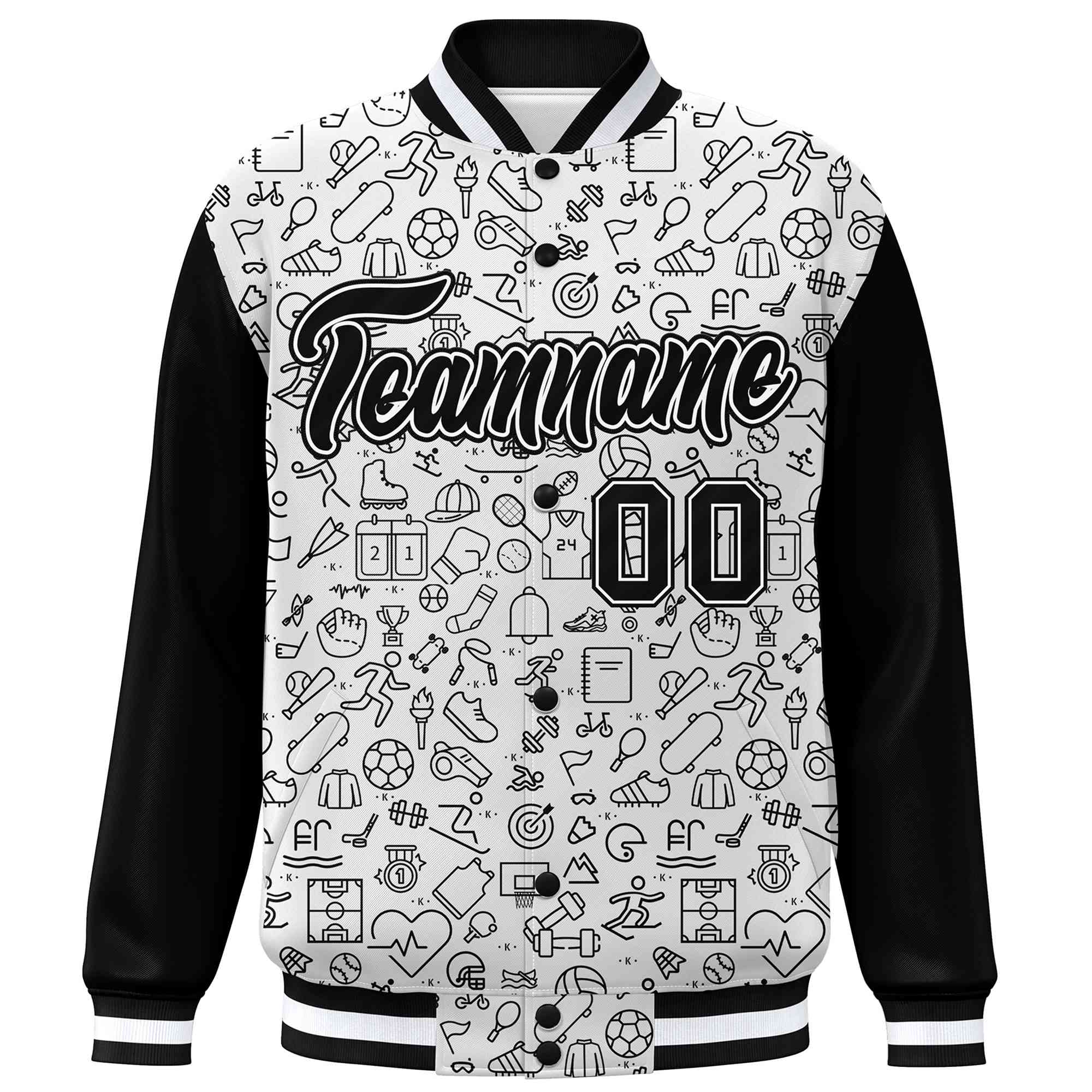 Custom White Black Line Graffiti Pattern Varsity Raglan Sleeves Letterman Baseball Jacket