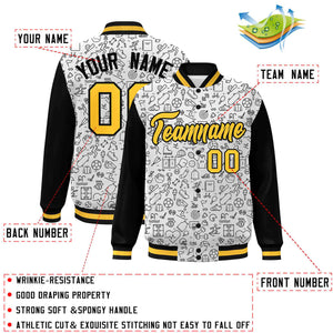 Custom White Black-Gold Line Graffiti Pattern Varsity Raglan Sleeves Letterman Baseball Jacket