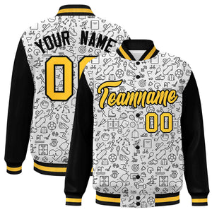 Custom White Black-Gold Line Graffiti Pattern Varsity Raglan Sleeves Letterman Baseball Jacket