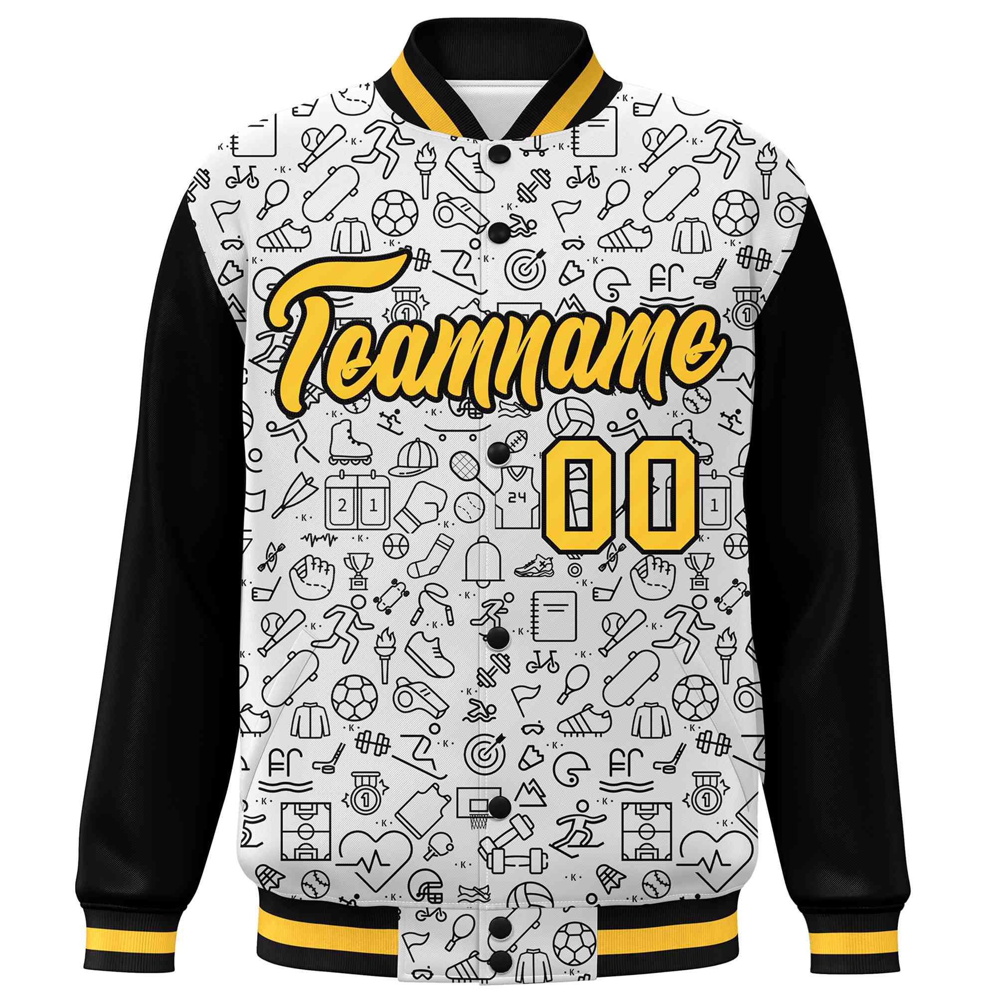 Custom White Black-Gold Line Graffiti Pattern Varsity Raglan Sleeves Letterman Baseball Jacket