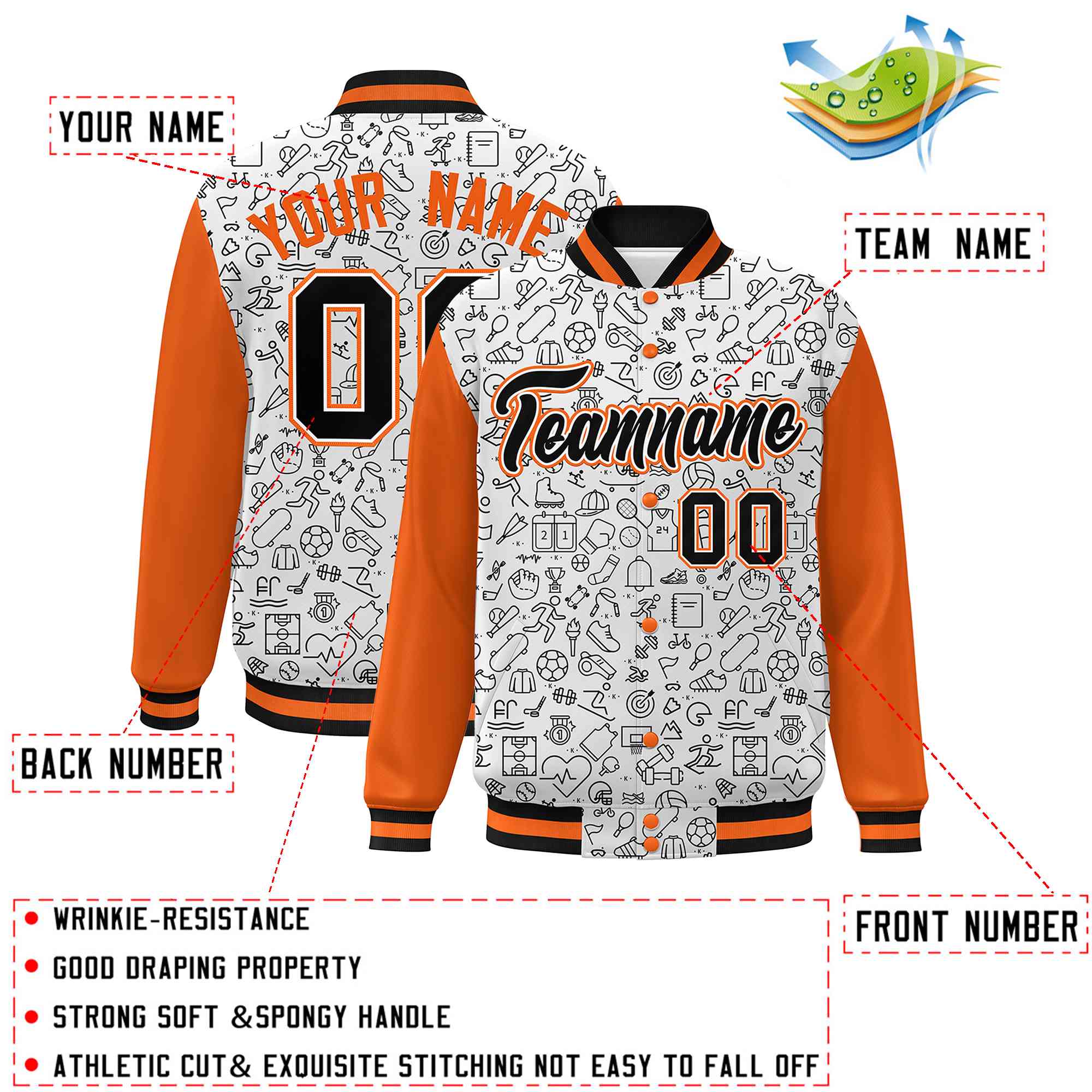 Custom White Orange-Black Line Graffiti Pattern Varsity Raglan Sleeves Letterman Baseball Jacket