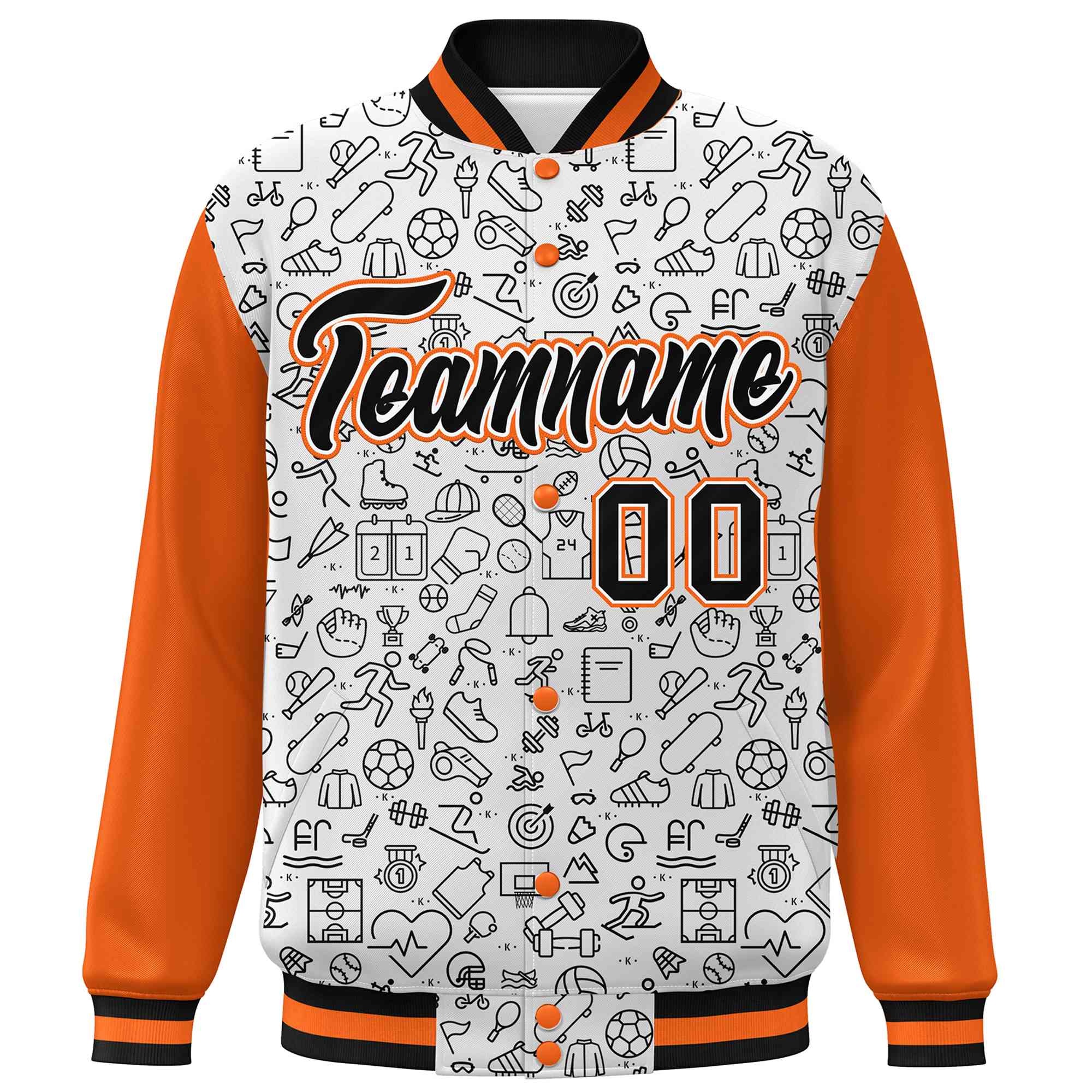 Custom White Orange-Black Line Graffiti Pattern Varsity Raglan Sleeves Letterman Baseball Jacket