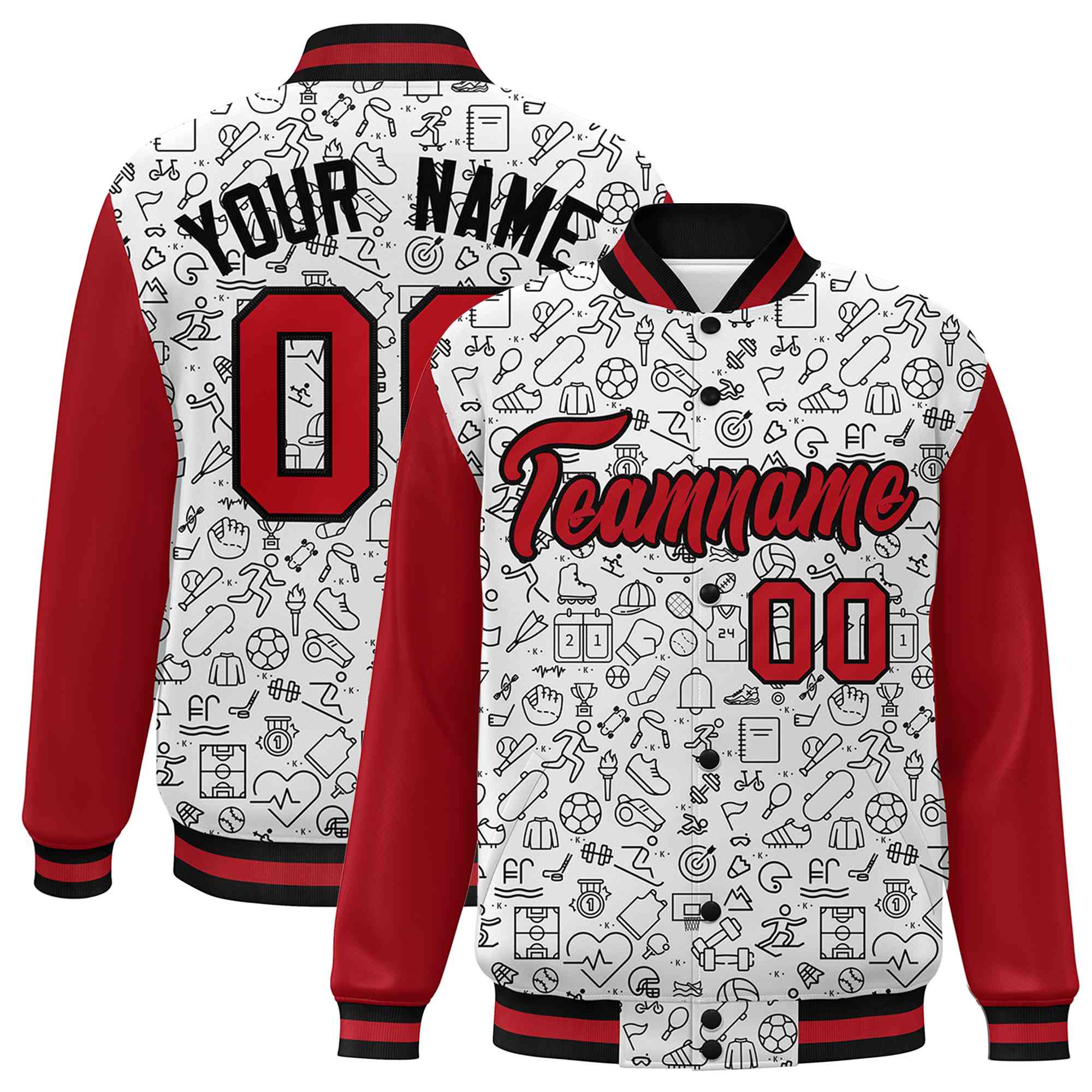 Custom White Red-Black Line Graffiti Pattern Varsity Raglan Sleeves Letterman Baseball Jacket