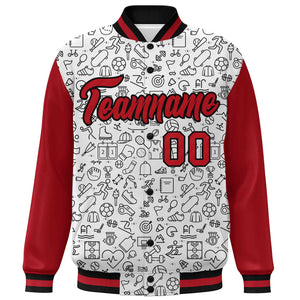 Custom White Red-Black Line Graffiti Pattern Varsity Raglan Sleeves Letterman Baseball Jacket