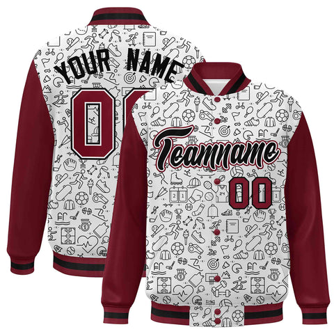 Custom White Crimson-Black Line Graffiti Pattern Varsity Raglan Sleeves Letterman Baseball Jacket