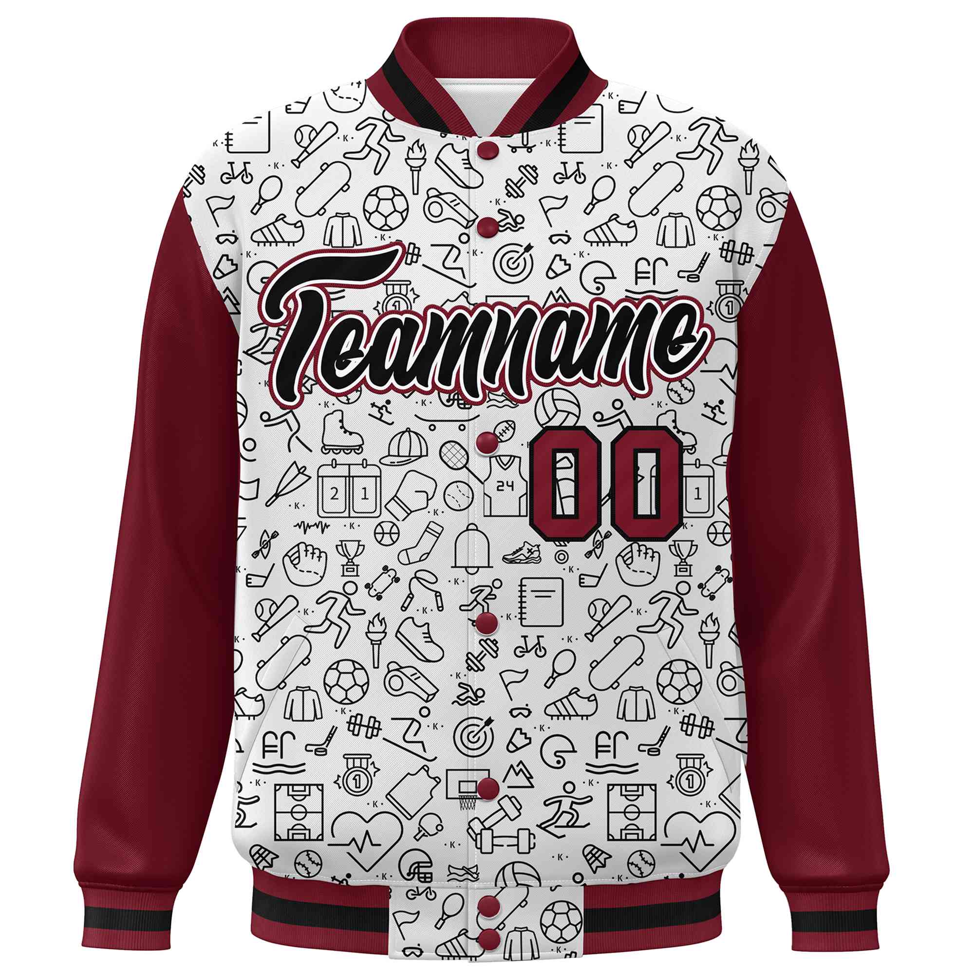 Custom White Crimson-Black Line Graffiti Pattern Varsity Raglan Sleeves Letterman Baseball Jacket