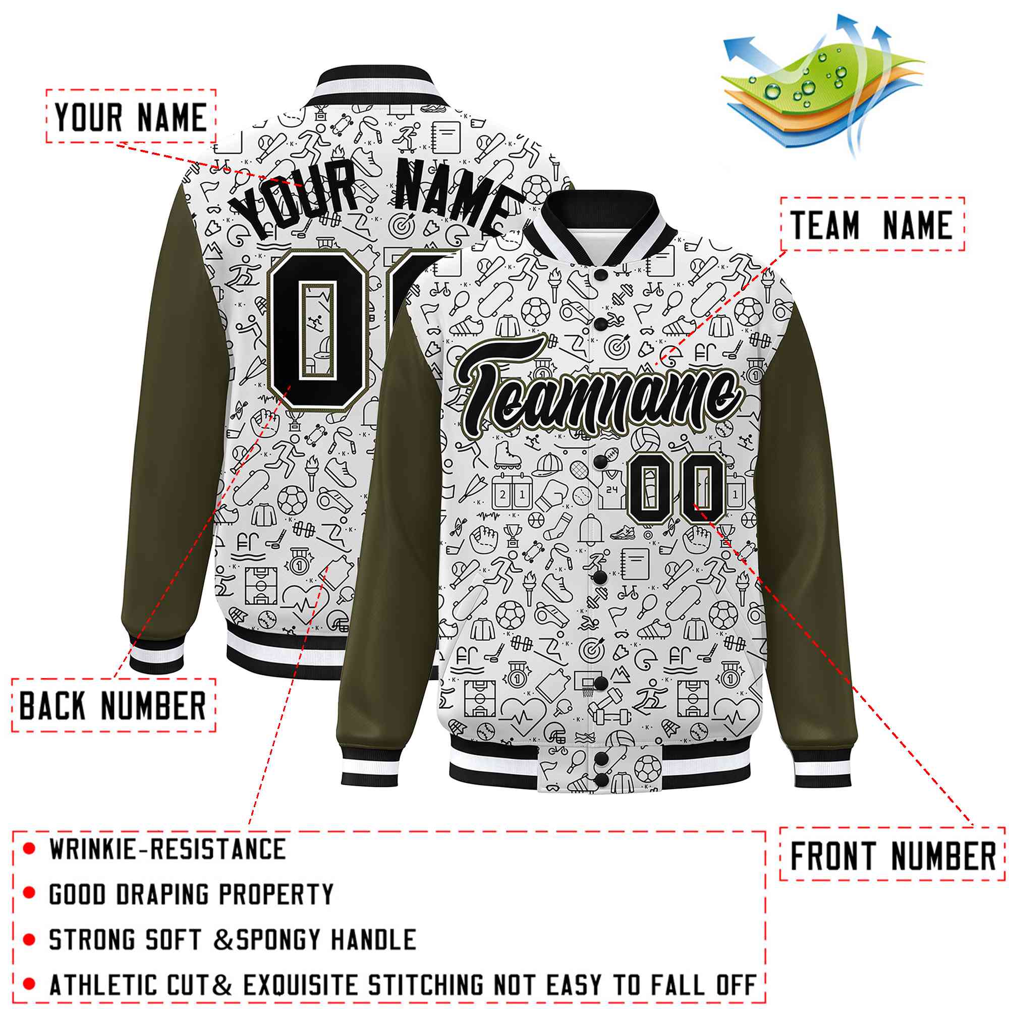 Custom White Olive-Black Line Graffiti Pattern Varsity Raglan Sleeves Letterman Baseball Jacket