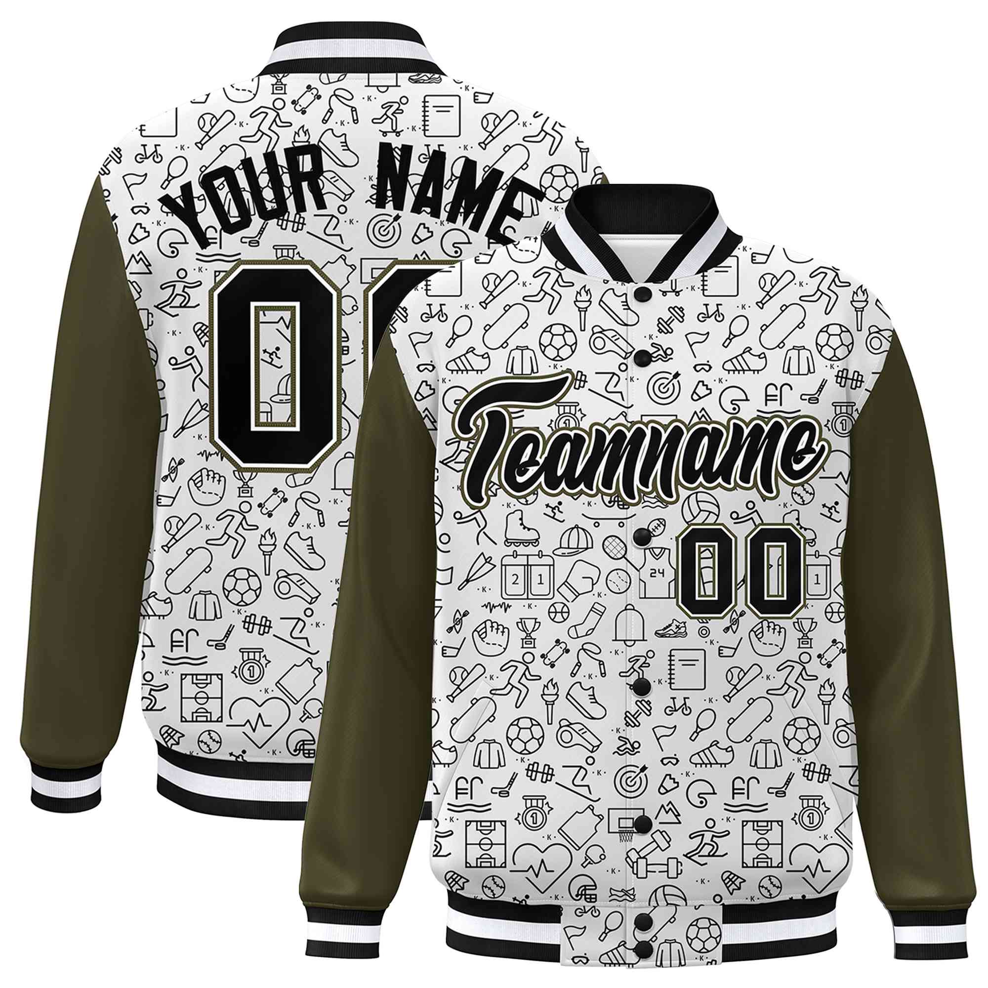 Custom White Olive-Black Line Graffiti Pattern Varsity Raglan Sleeves Letterman Baseball Jacket